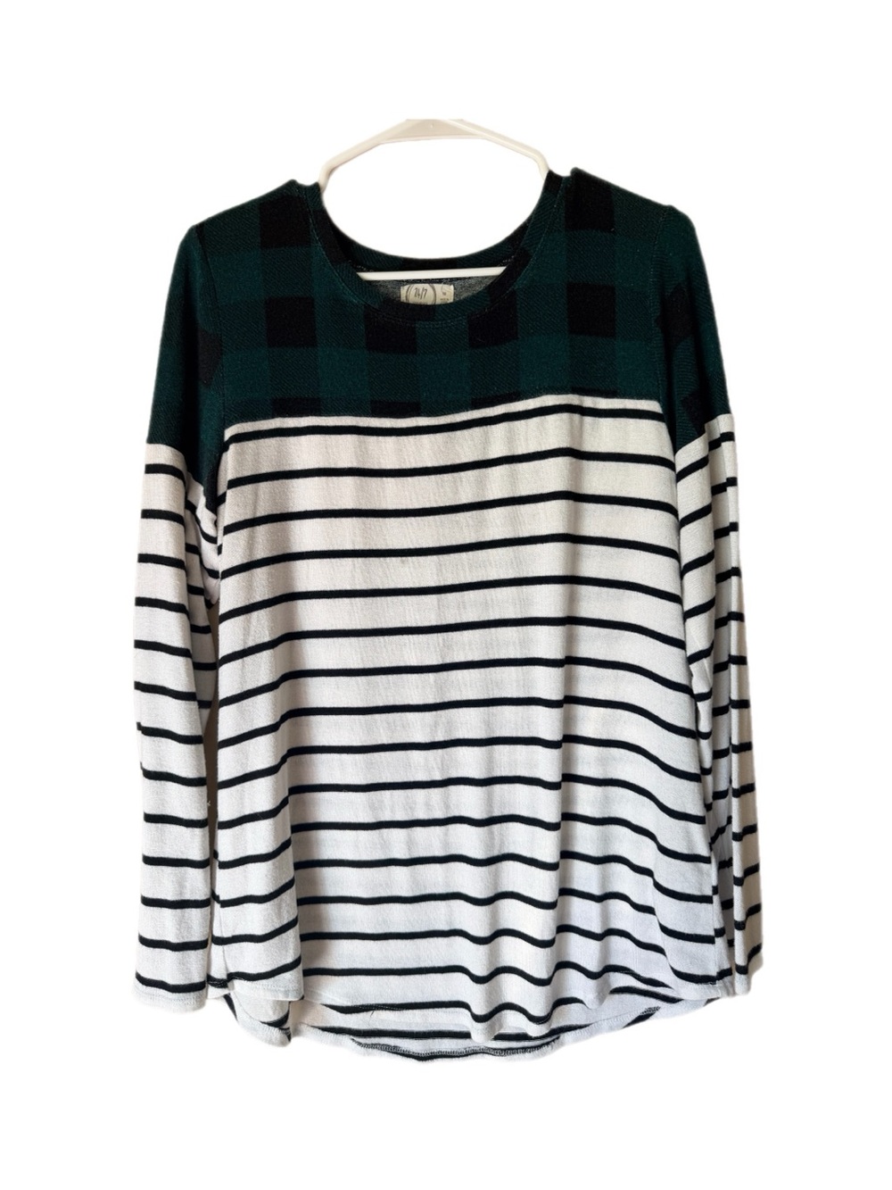 Maurices Black and White Striped Long Sleeve Top with Dark Green Plaid Yoke